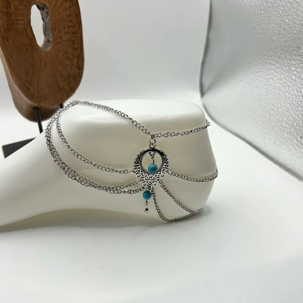 Bohemian Inspired Multi Layer Ankle Bracelet W/ Blue Beads‎ NEW